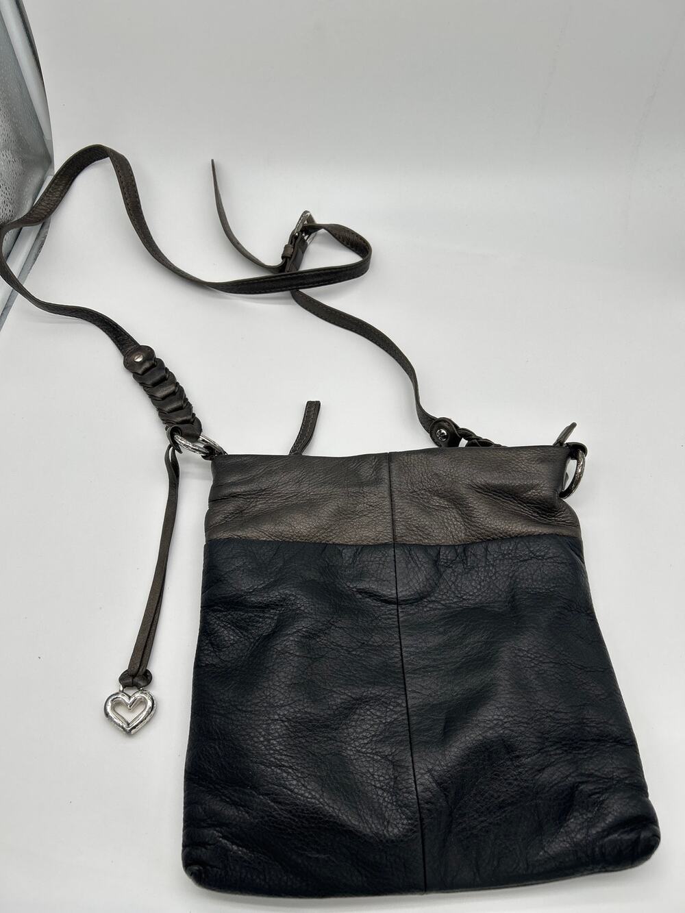 Brighton Collection Black Leather Crossbody Bag Heart Charm Adjustable Strap
